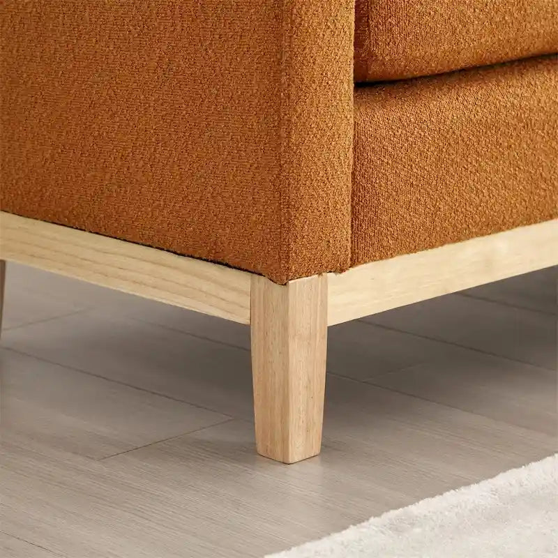 Banc rembourré élégant, pouf avec pieds en bois et coussins cylindriques