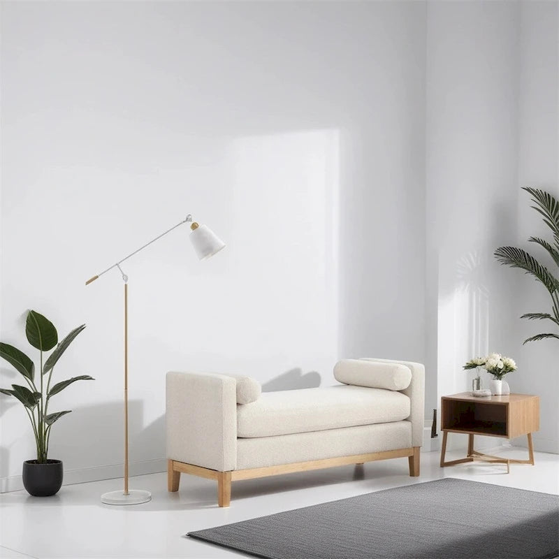 Banc rembourré élégant, pouf avec pieds en bois et coussins cylindriques