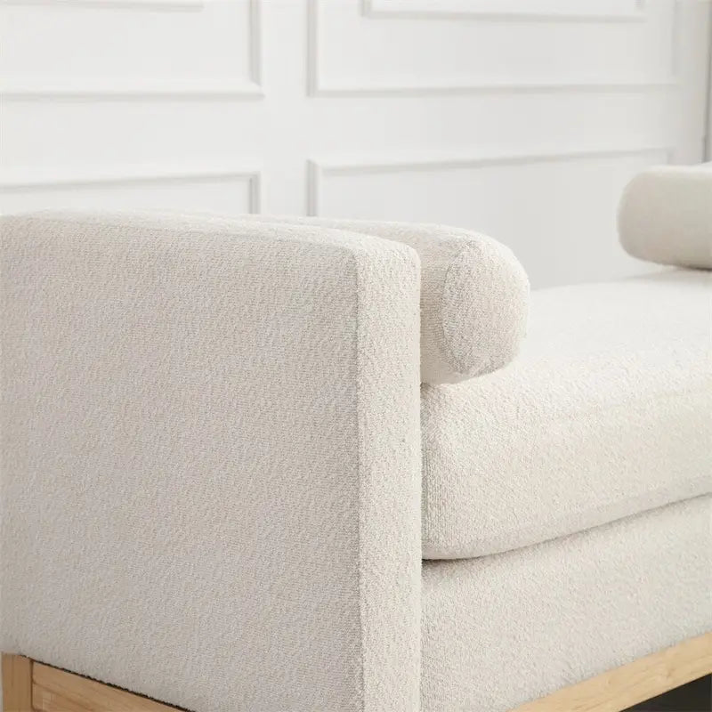 Banc rembourré élégant, pouf avec pieds en bois et coussins cylindriques