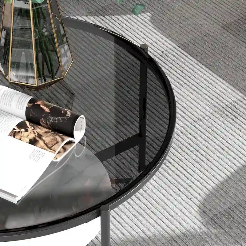 Dwupoziomowy okrągły stolik kawowy z hartowanym blatem szklanym i spiekanym blatem kamiennym