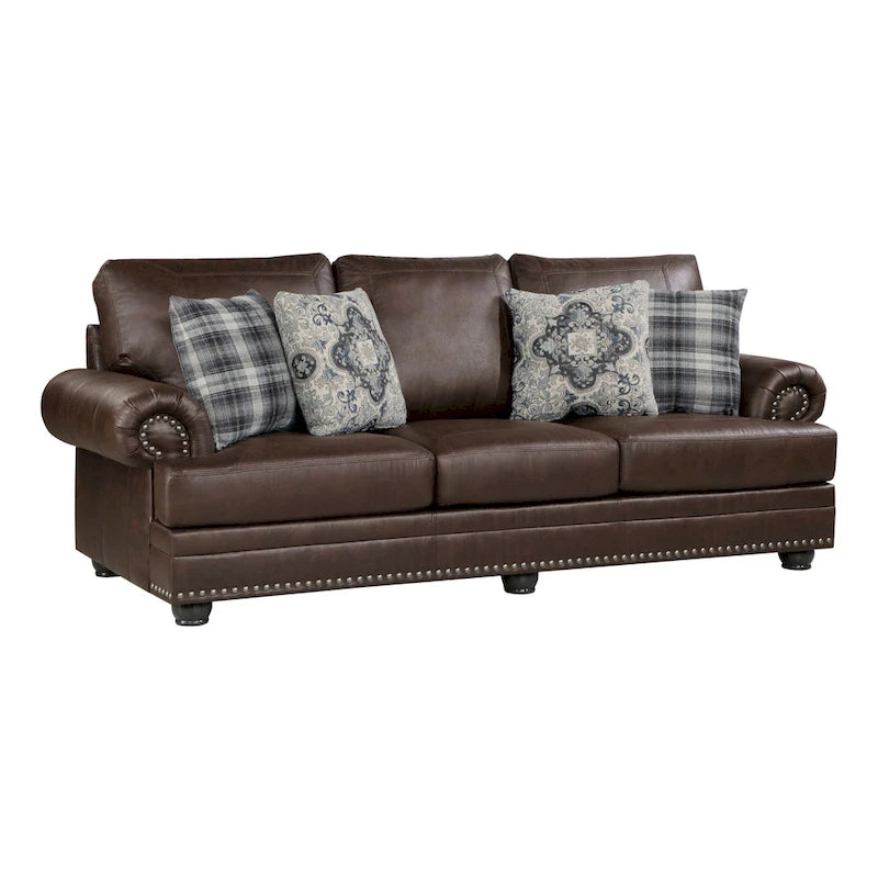 Sofa Jade, 98 cali, ciemnobrązowa mikrofibra, 4 poduszki, miękkie siedziska, drewno