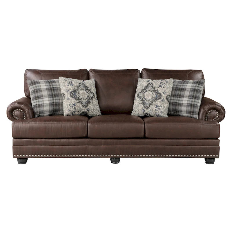 Sofa Jade, 98 cali, ciemnobrązowa mikrofibra, 4 poduszki, miękkie siedziska, drewno