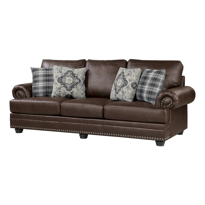 Sofa Jade, 98 cali, ciemnobrązowa mikrofibra, 4 poduszki, miękkie siedziska, drewno