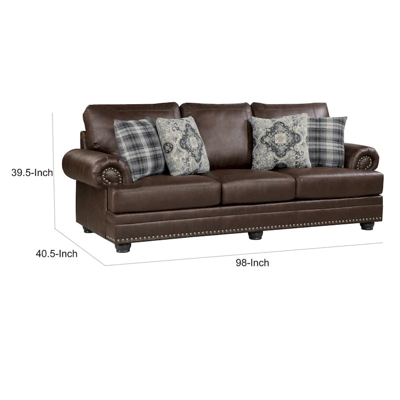Sofa Jade, 98 cali, ciemnobrązowa mikrofibra, 4 poduszki, miękkie siedziska, drewno