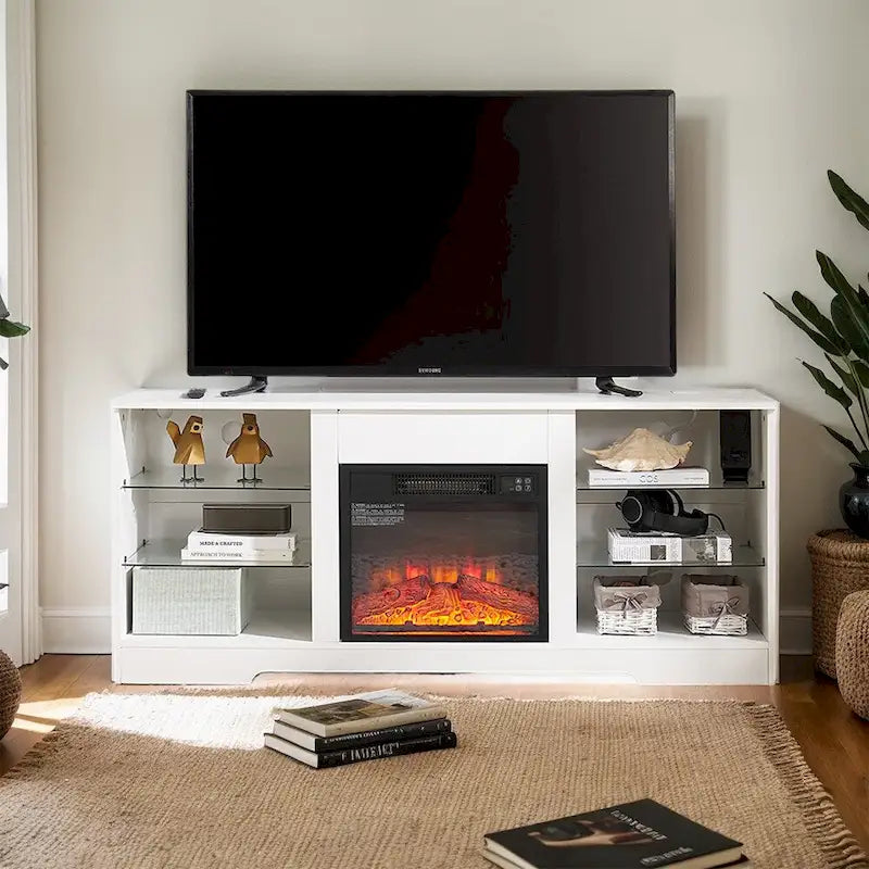 Meuble TV de cheminée 58 W avec cheminée de 18 pouces, lumière LED, prise USB - 58W*15.5D*24.4H