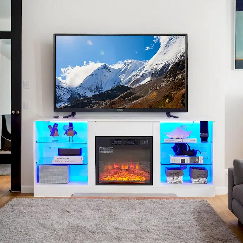 58W Fireplace TV Stand with 18 Fireplace, LED Light, USB Outlet - 58W*15.5D*24.4H