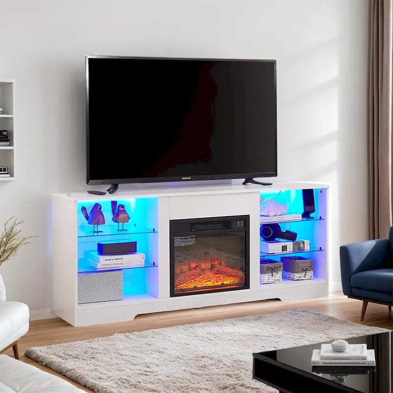 Meuble TV de cheminée 58 W avec cheminée de 18 pouces, lumière LED, prise USB - 58W*15.5D*24.4H