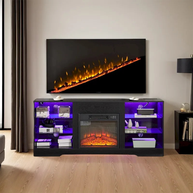 Meuble TV de cheminée 58 W avec cheminée de 18 pouces, lumière LED, prise USB - 58W*15.5D*24.4H
