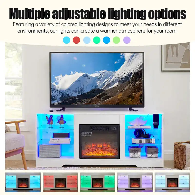 Meuble TV de cheminée 58 W avec cheminée de 18 pouces, lumière LED, prise USB - 58W*15.5D*24.4H