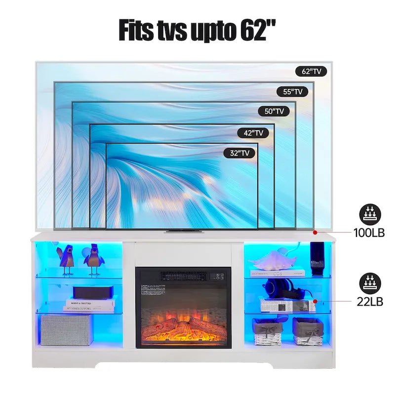 Meuble TV de cheminée 58 W avec cheminée de 18 pouces, lumière LED, prise USB - 58W*15.5D*24.4H