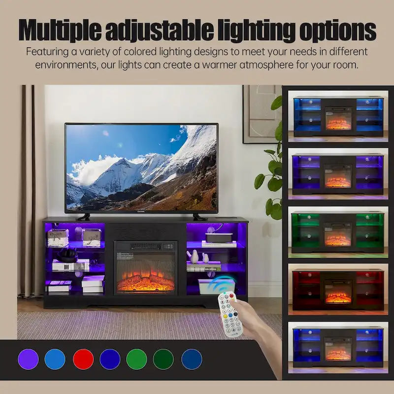 Meuble TV de cheminée 58 W avec cheminée de 18 pouces, lumière LED, prise USB - 58W*15.5D*24.4H