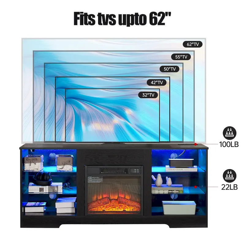 Meuble TV de cheminée 58 W avec cheminée de 18 pouces, lumière LED, prise USB - 58W*15.5D*24.4H