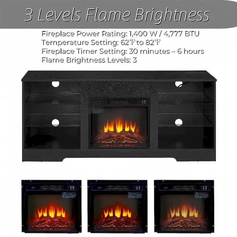 Meuble TV de cheminée 58 W avec cheminée de 18 pouces, lumière LED, prise USB - 58W*15.5D*24.4H