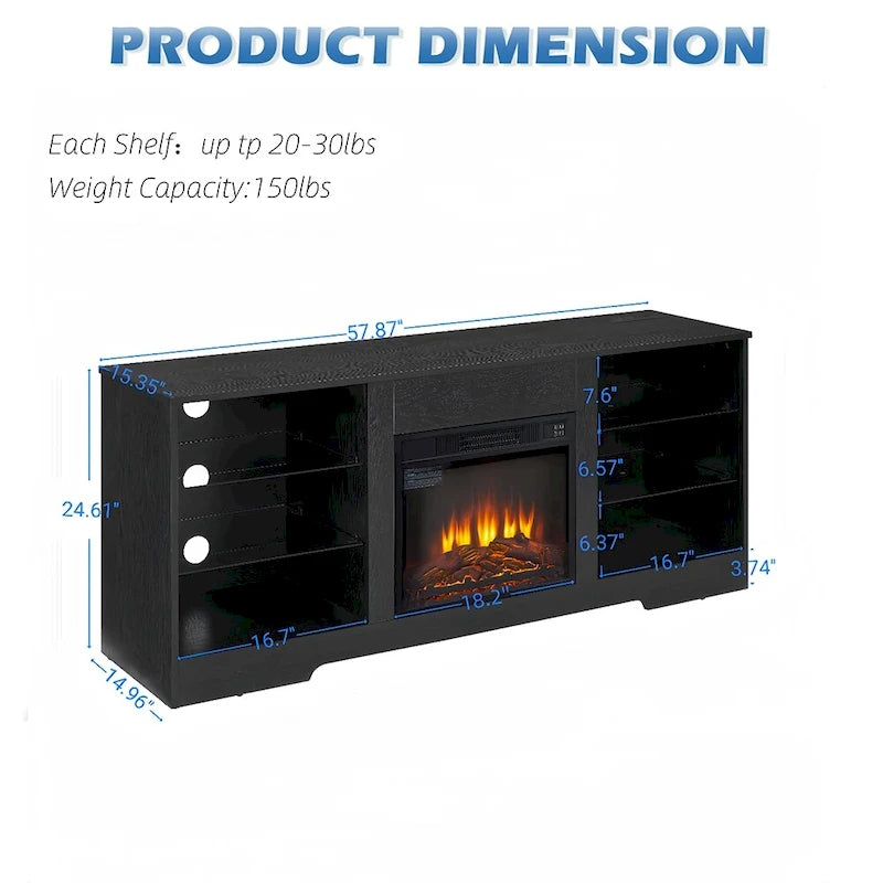 Meuble TV de cheminée 58 W avec cheminée de 18 pouces, lumière LED, prise USB - 58W*15.5D*24.4H