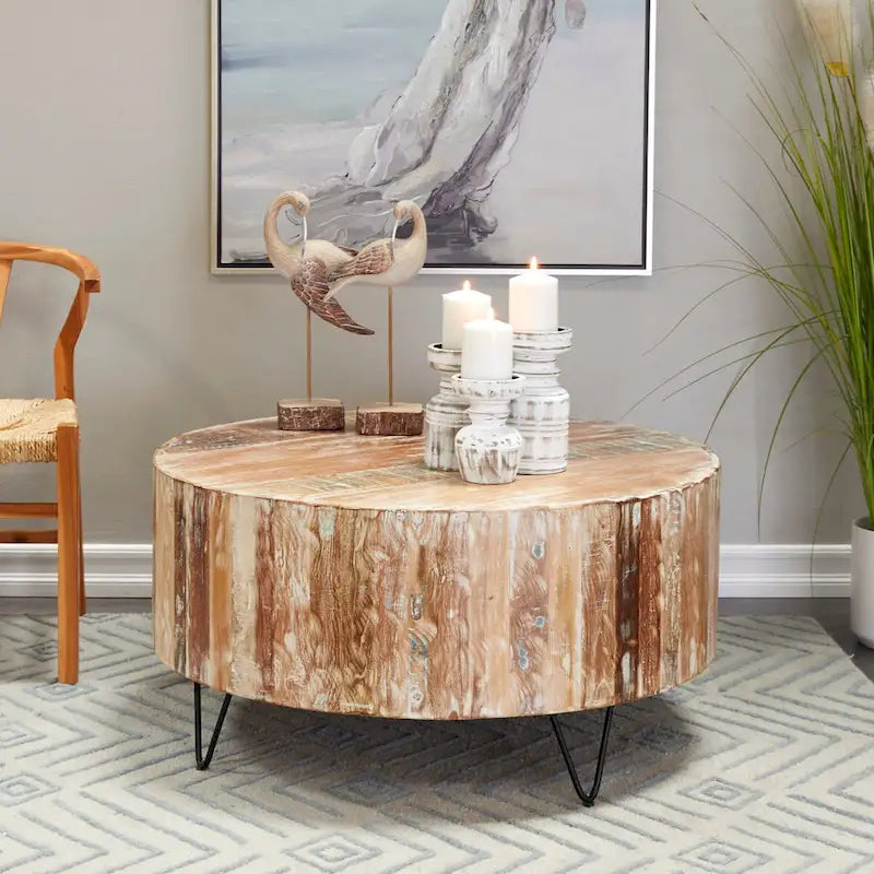 Ręcznie robiony stolik kawowy lub stolik pomocniczy z postarzanego drewna mango z czarnymi metalowymi nogami typu hairpin – brązowy – Roche River Decor