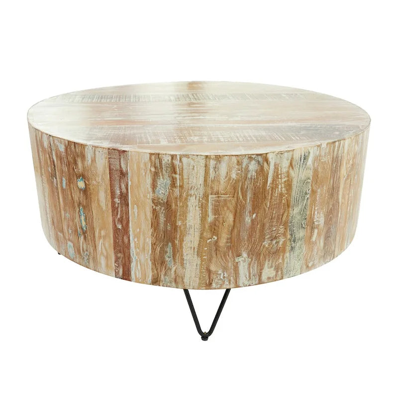 Ręcznie robiony stolik kawowy lub stolik pomocniczy z postarzanego drewna mango z czarnymi metalowymi nogami typu hairpin – brązowy – Roche River Decor