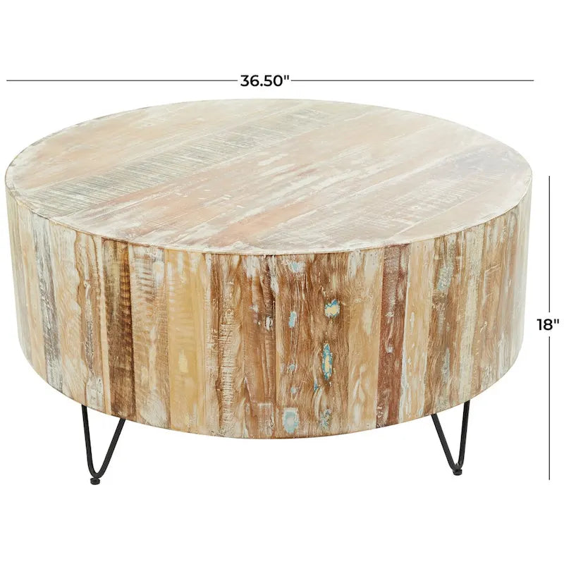 Ręcznie robiony stolik kawowy lub stolik pomocniczy z postarzanego drewna mango z czarnymi metalowymi nogami typu hairpin – brązowy – Roche River Decor