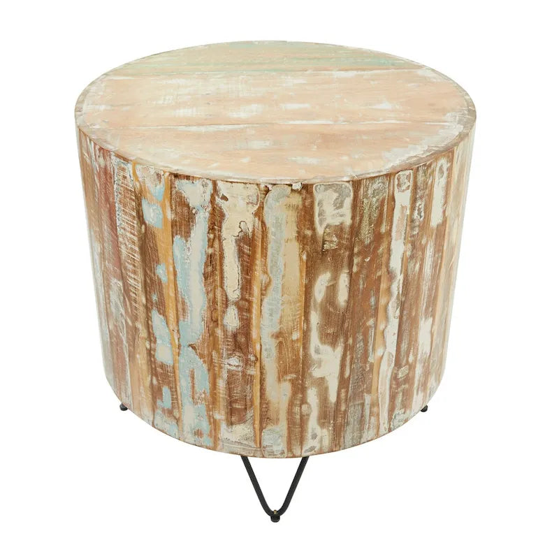 Ręcznie robiony stolik kawowy lub stolik pomocniczy z postarzanego drewna mango z czarnymi metalowymi nogami typu hairpin – brązowy – Roche River Decor