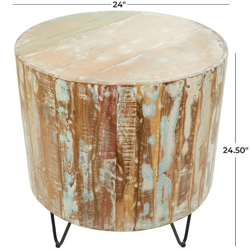 Ręcznie robiony stolik kawowy lub stolik pomocniczy z postarzanego drewna mango z czarnymi metalowymi nogami typu hairpin – brązowy – Roche River Decor