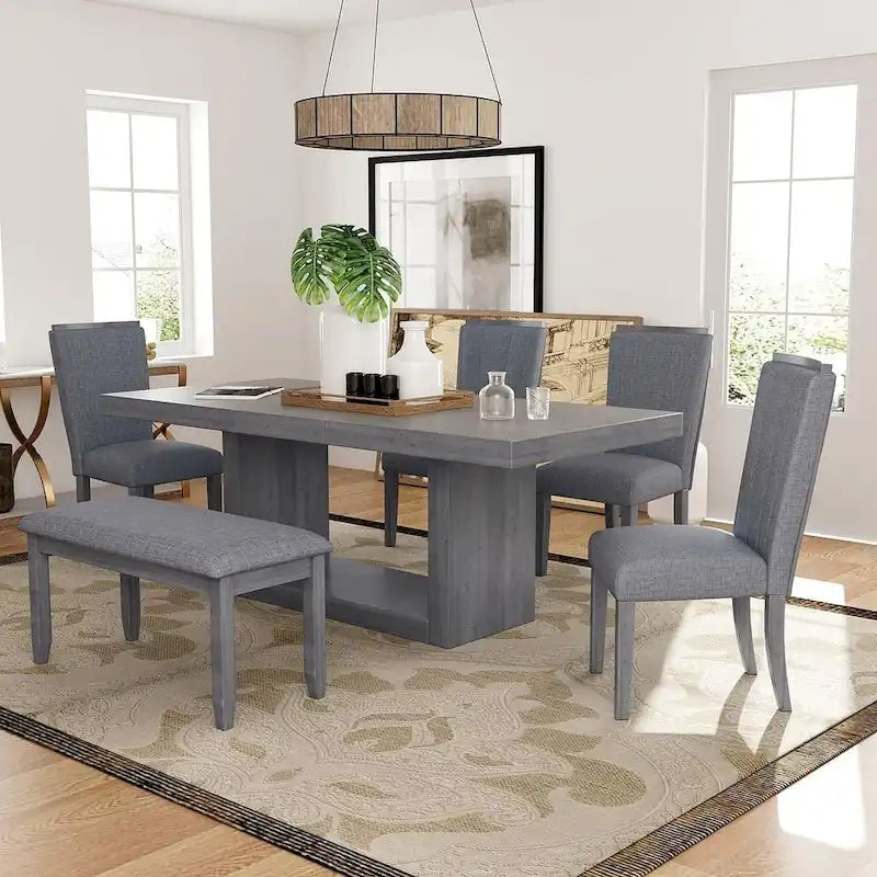 Contemporary 6-Piece Extendable Wood Dining Table Set Kitchen Table Set with Upholstered Bench and 4 Dining Chairs