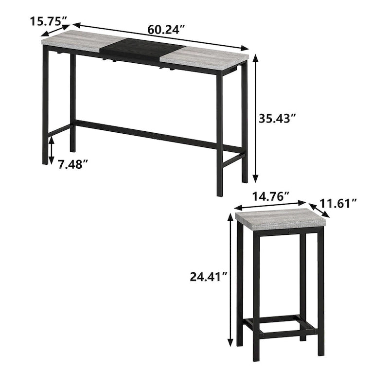Table de cuisine, table de bar, longue table à manger avec 3 tabourets