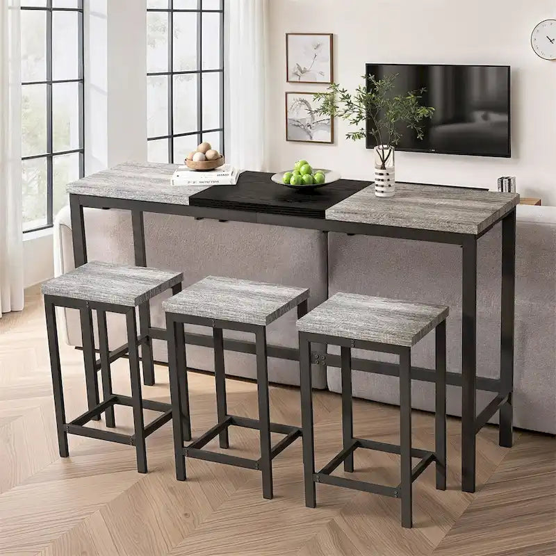 Table de cuisine, table de bar, longue table à manger avec 3 tabourets