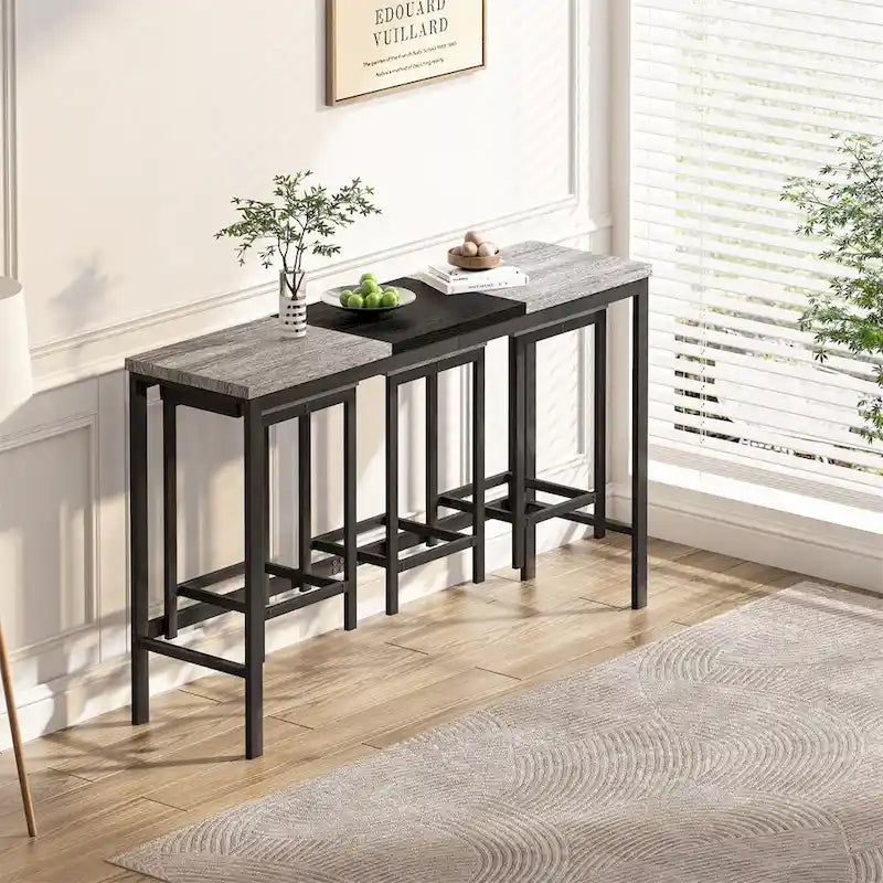 Table de cuisine, table de bar, longue table à manger avec 3 tabourets