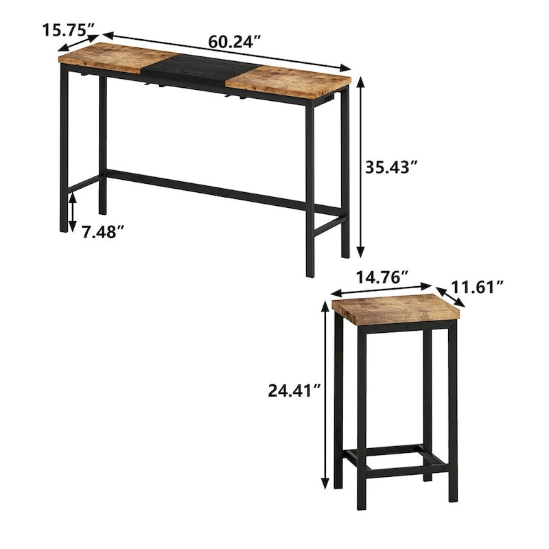 Table de cuisine, table de bar, longue table à manger avec 3 tabourets