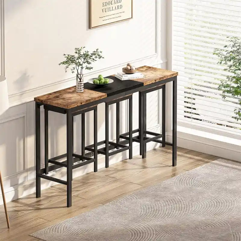Table de cuisine, table de bar, longue table à manger avec 3 tabourets