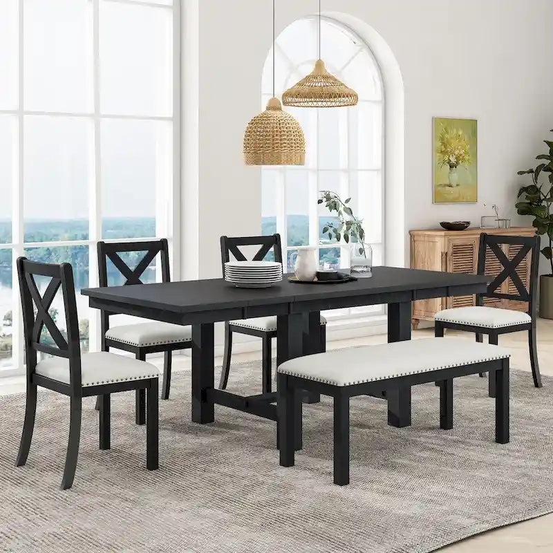 Ensemble de salle à manger 6 pièces extensible avec 11 rallonges, en bois d'acacia, table noire, coussins beiges, 6 places