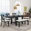 Ensemble de salle à manger 6 pièces extensible avec 11 rallonges, en bois d'acacia, table noire, coussins beiges, 6 places