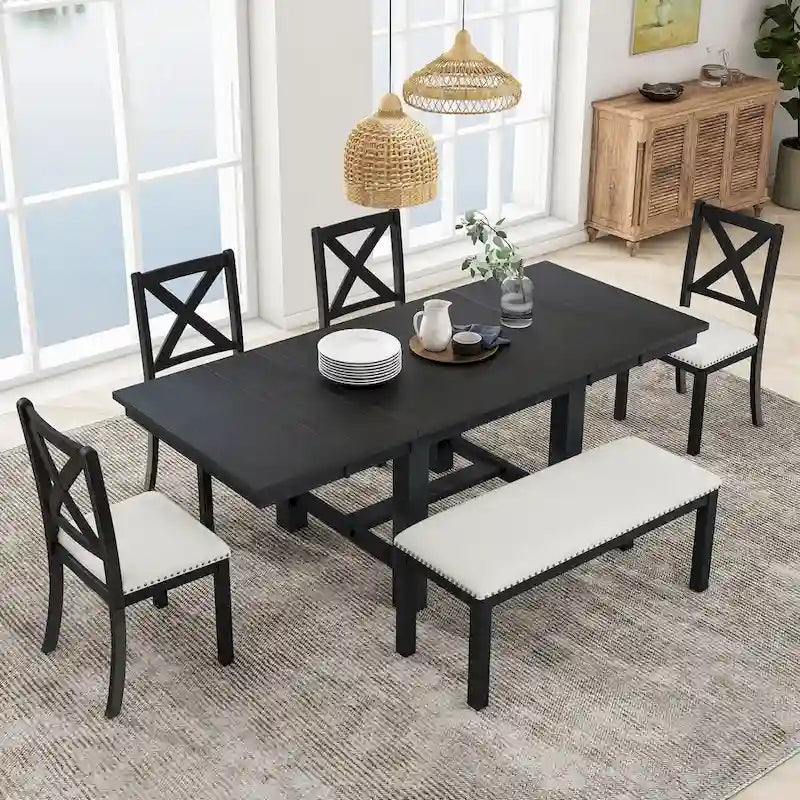 Ensemble de salle à manger 6 pièces extensible avec 11 rallonges, en bois d'acacia, table noire, coussins beiges, 6 places