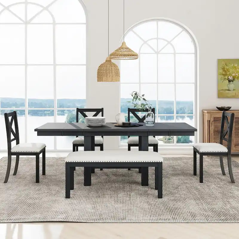 Ensemble de salle à manger 6 pièces extensible avec 11 rallonges, en bois d'acacia, table noire, coussins beiges, 6 places