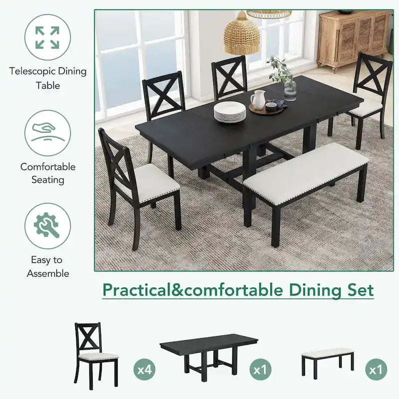 Ensemble de salle à manger 6 pièces extensible avec 11 rallonges, en bois d'acacia, table noire, coussins beiges, 6 places