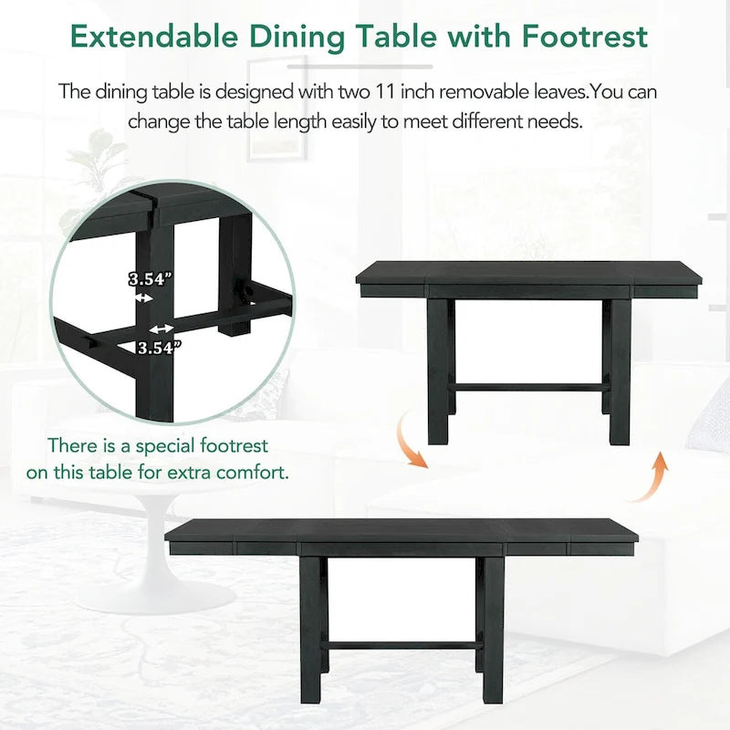Ensemble de salle à manger 6 pièces extensible avec 11 rallonges, en bois d'acacia, table noire, coussins beiges, 6 places
