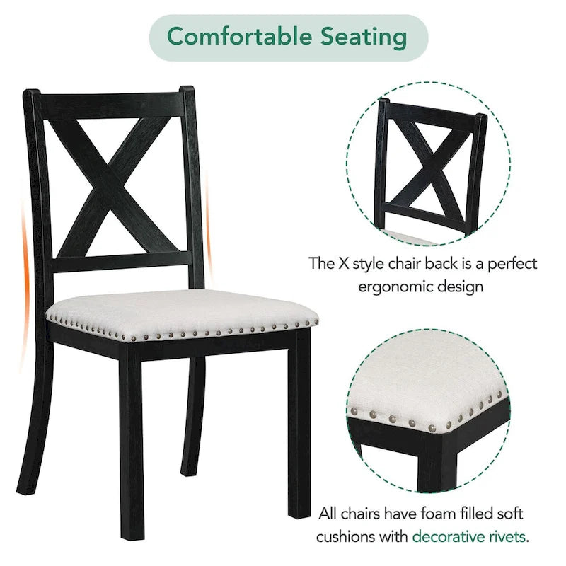 Ensemble de salle à manger 6 pièces extensible avec 11 rallonges, en bois d'acacia, table noire, coussins beiges, 6 places