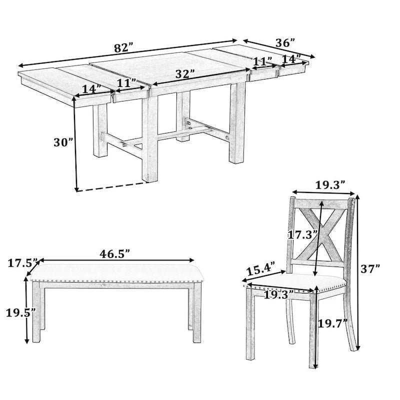Ensemble de salle à manger 6 pièces extensible avec 11 rallonges, en bois d'acacia, table noire, coussins beiges, 6 places
