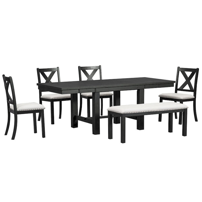 Ensemble de salle à manger 6 pièces extensible avec 11 rallonges, en bois d'acacia, table noire, coussins beiges, 6 places