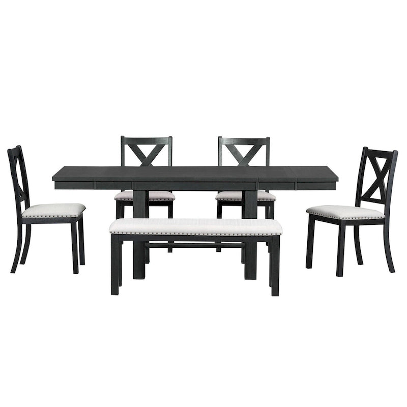 Ensemble de salle à manger 6 pièces extensible avec 11 rallonges, en bois d'acacia, table noire, coussins beiges, 6 places