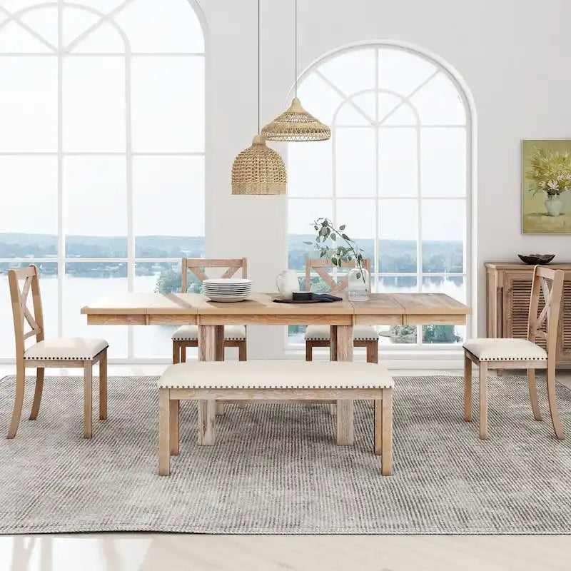 Ensemble de salle à manger 6 pièces extensible avec 11 rallonges, en bois d'acacia, table noire, coussins beiges, 6 places