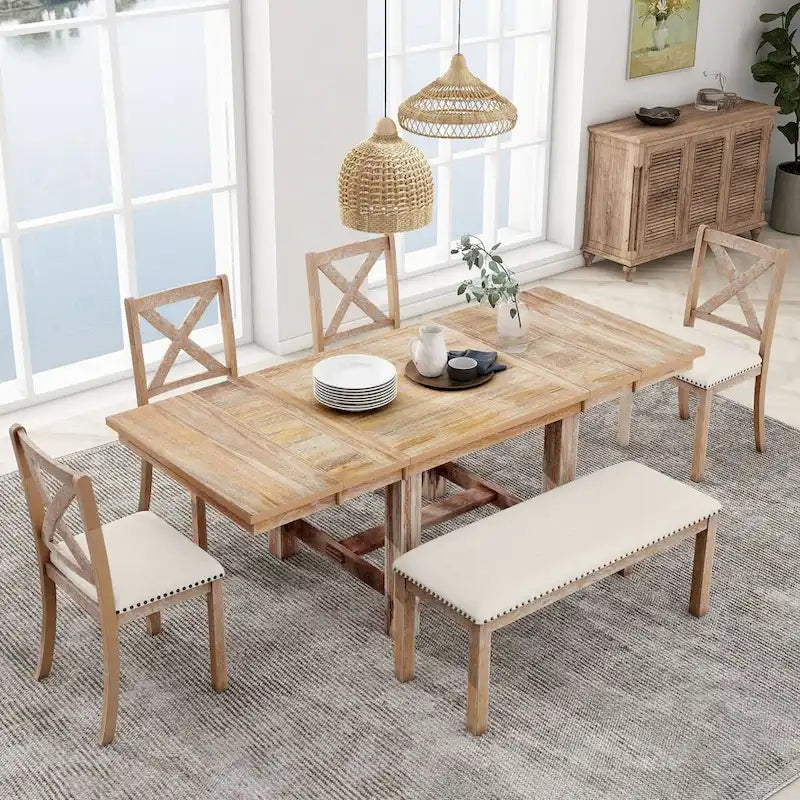 Ensemble de salle à manger 6 pièces extensible avec 11 rallonges, en bois d'acacia, table noire, coussins beiges, 6 places