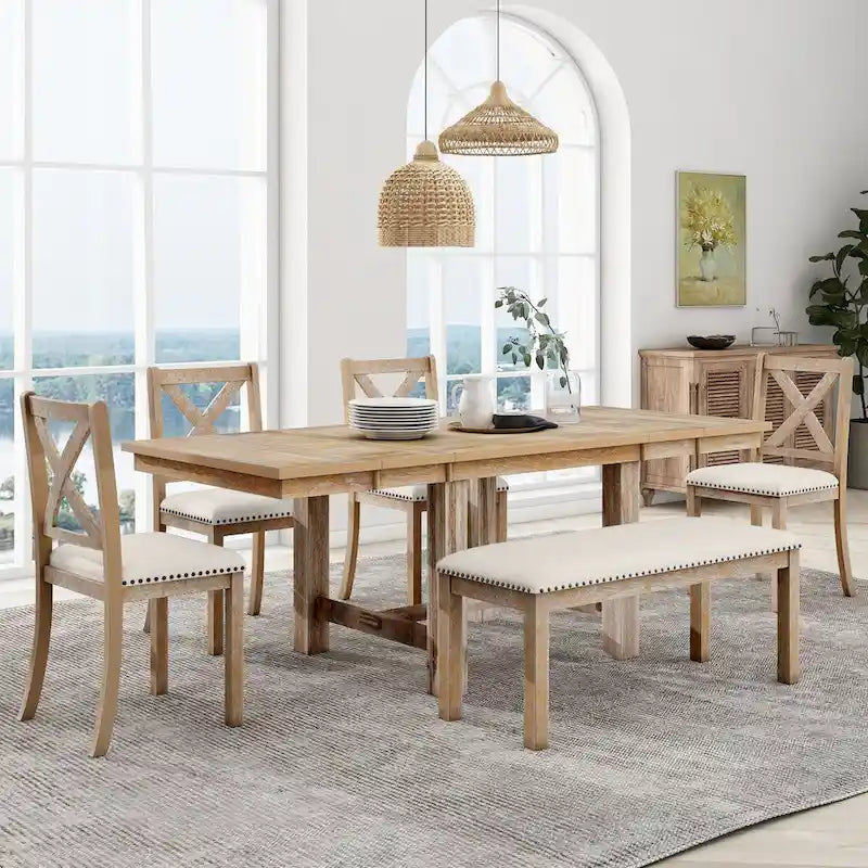 Ensemble de salle à manger 6 pièces extensible avec 11 rallonges, en bois d'acacia, table noire, coussins beiges, 6 places