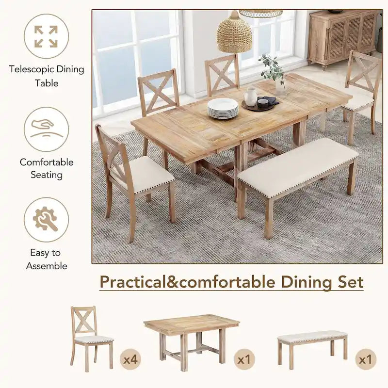 Ensemble de salle à manger 6 pièces extensible avec 11 rallonges, en bois d'acacia, table noire, coussins beiges, 6 places