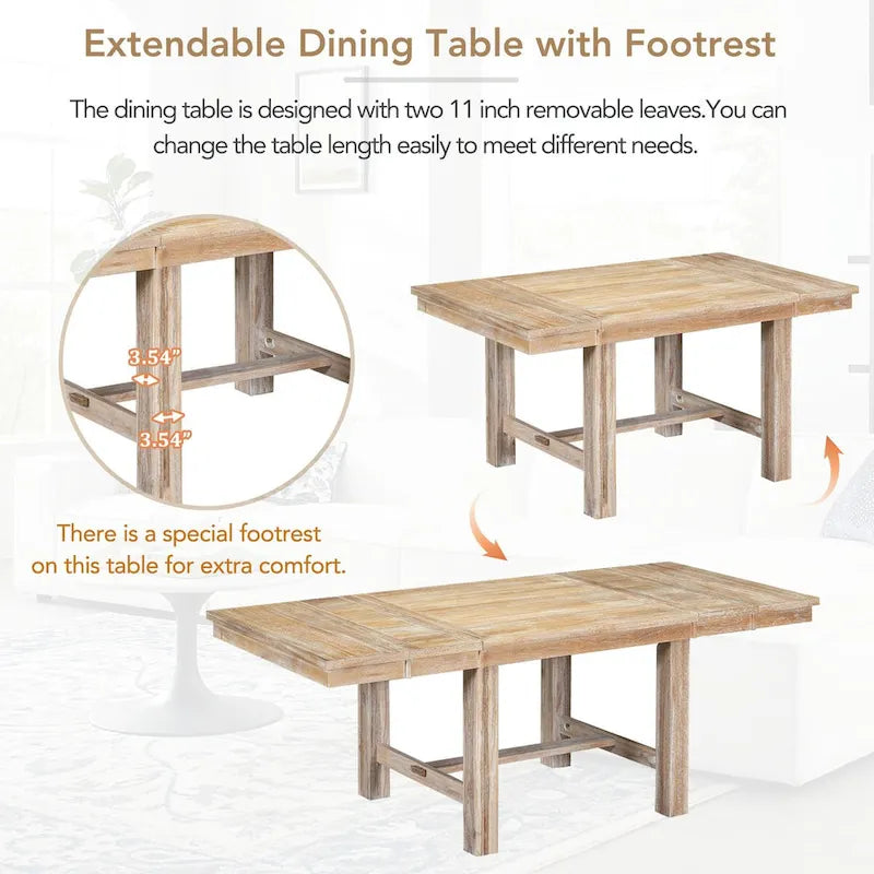 Ensemble de salle à manger 6 pièces extensible avec 11 rallonges, en bois d'acacia, table noire, coussins beiges, 6 places