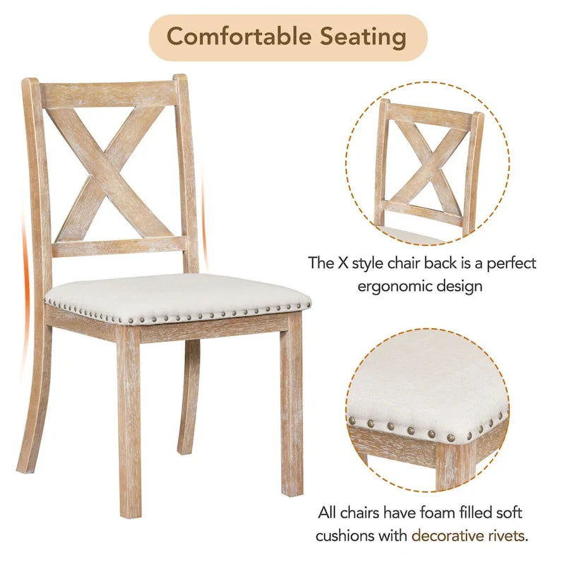 Ensemble de salle à manger 6 pièces extensible avec 11 rallonges, en bois d'acacia, table noire, coussins beiges, 6 places