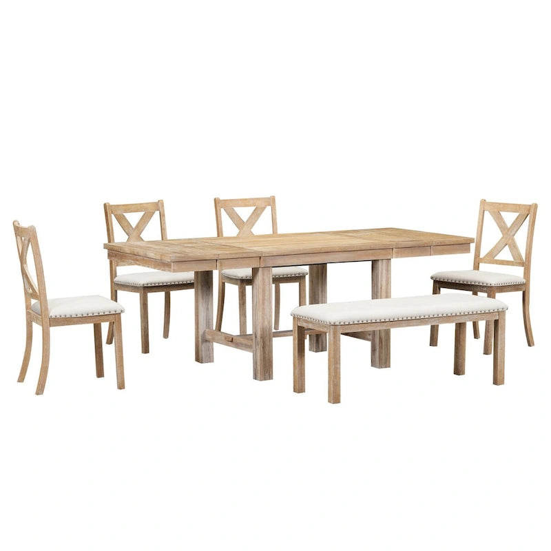 Ensemble de salle à manger 6 pièces extensible avec 11 rallonges, en bois d'acacia, table noire, coussins beiges, 6 places