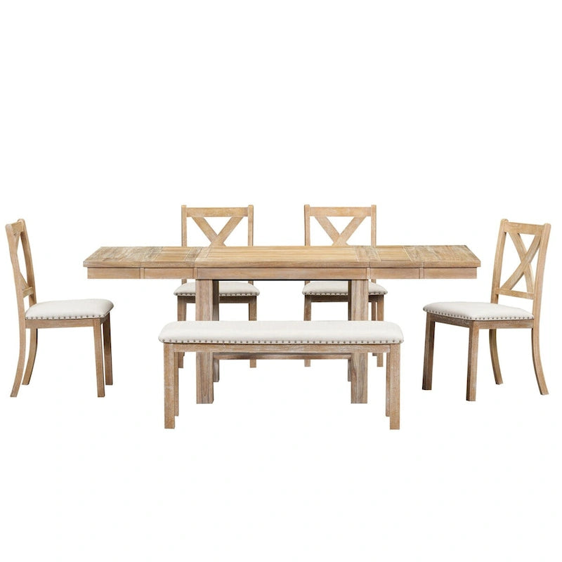 Ensemble de salle à manger 6 pièces extensible avec 11 rallonges, en bois d'acacia, table noire, coussins beiges, 6 places