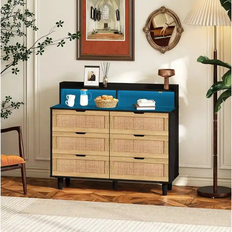 Grondin style bohème 6 tiroirs en rotin, buffet de cuisine, meuble de rangement avec lumières LED réglables et prise de courant