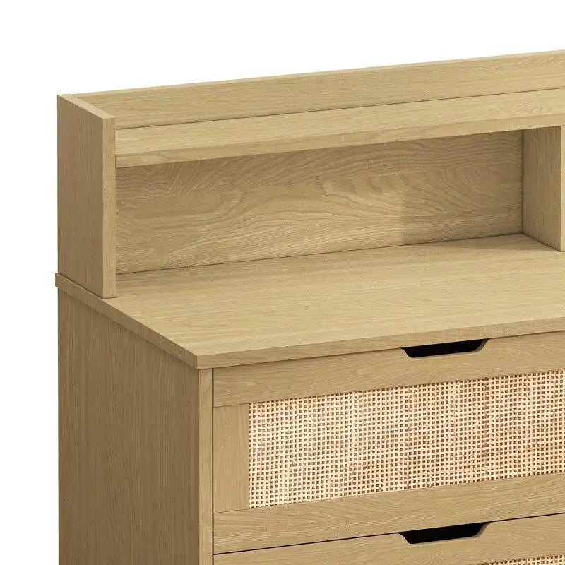 Grondin style bohème 6 tiroirs en rotin, buffet de cuisine, meuble de rangement avec lumières LED réglables et prise de courant