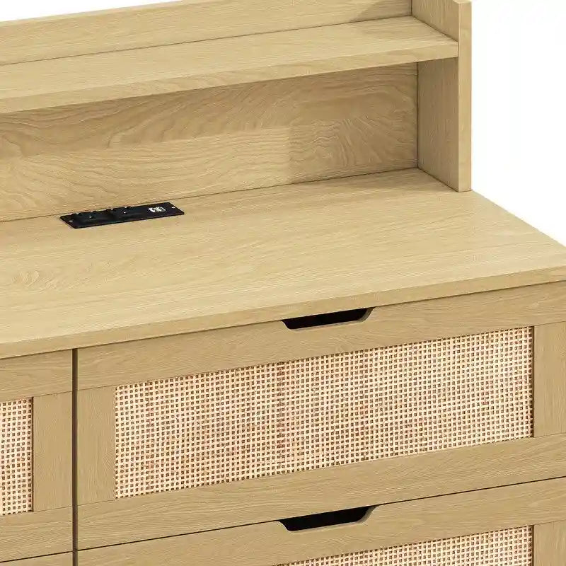 Grondin style bohème 6 tiroirs en rotin, buffet de cuisine, meuble de rangement avec lumières LED réglables et prise de courant
